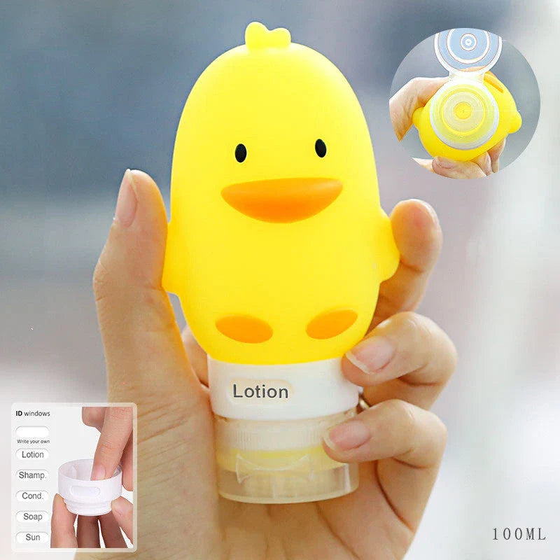 Portable animal-shaped silicone travel bottles for shampoo, shower gel, and lotion in various vibrant colors and designs