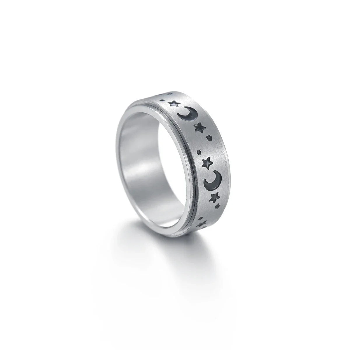 Titanium steel ring with intricate star and moon designs, available in various sizes and colors
