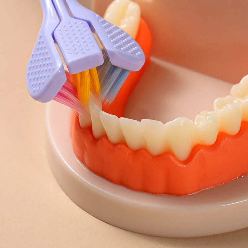 A soft bristle toothbrush with a unique triple-sided brush head for deep cleaning and customizable bristle firmness.