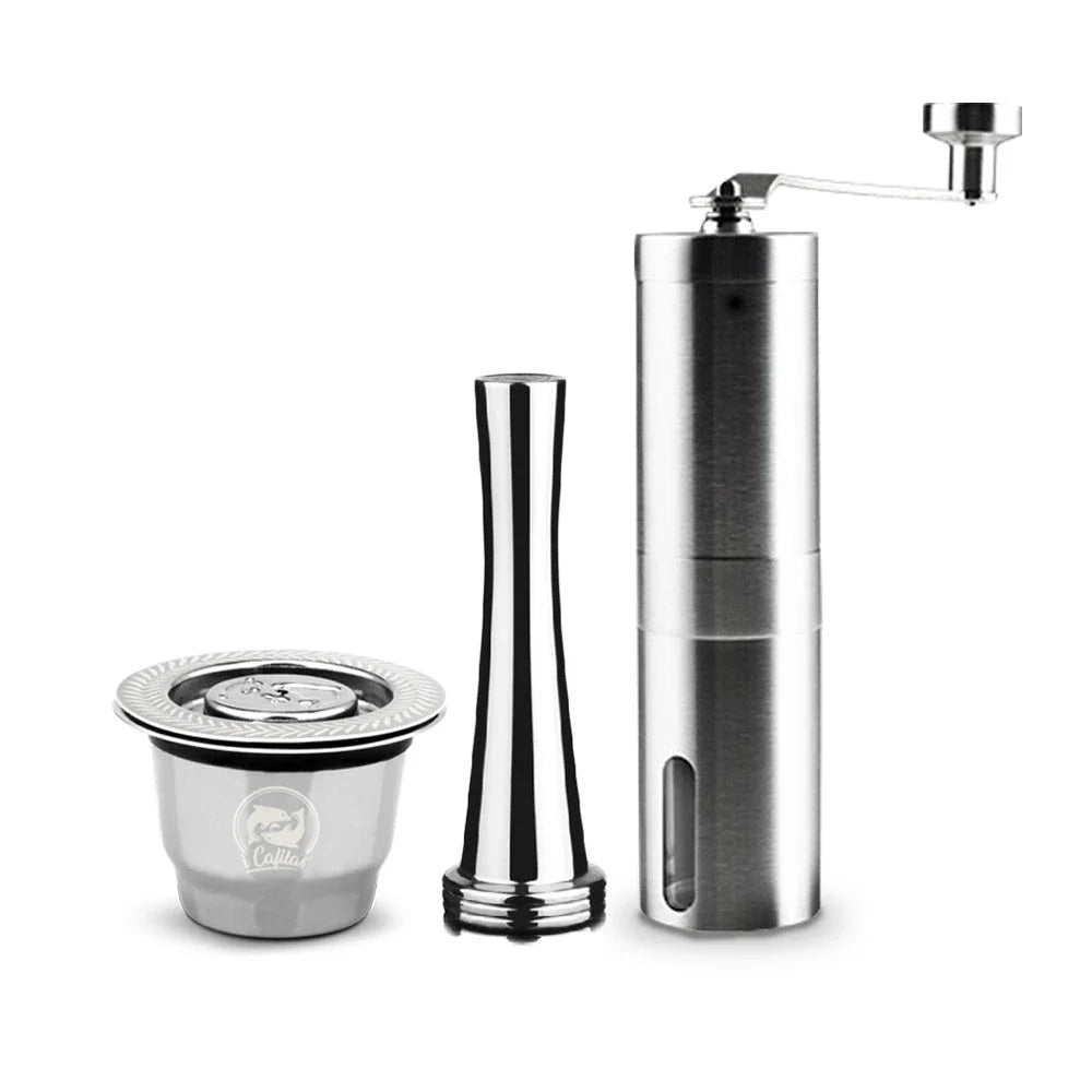 Premium stainless steel coffee capsule shells with a sleek square design, perfect for home, office, and cafe use.