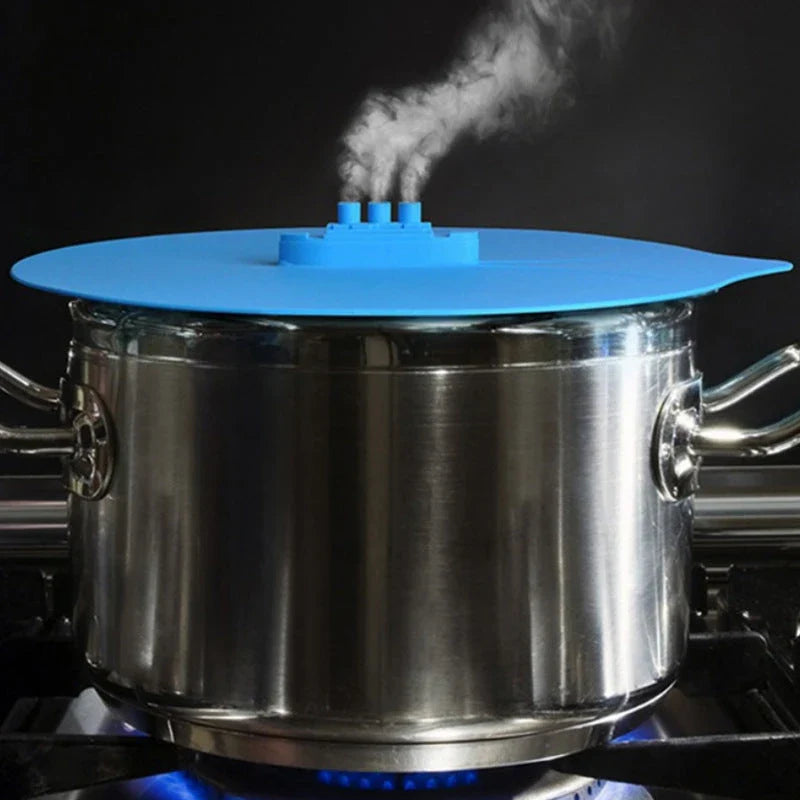 Creative silicone pot lid in blue color, designed with a unique shape and hook for easy storage