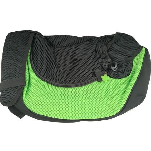A comfortable and stylish pet sling bag with padded mesh and leather details, allowing hands-free travel for pet owners.