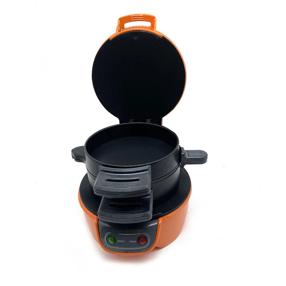 A versatile breakfast sandwich maker with a custom egg ring, creating perfectly cooked sandwiches with crisp bread and tender fillings