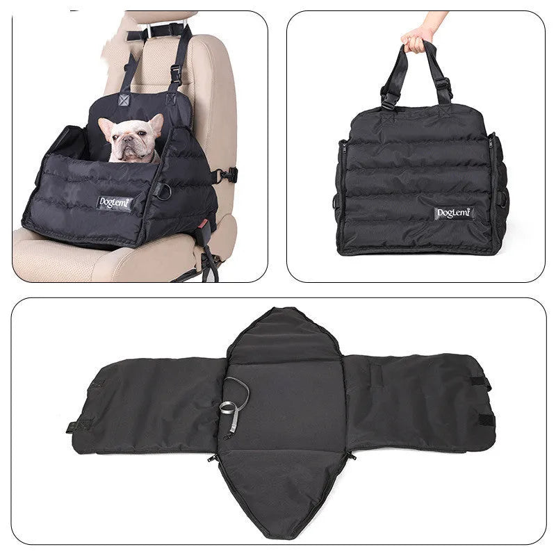 Black polyester dog car travel bag attached to car seat with seatbelt clip