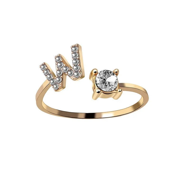 Personalized Initial Letter Crystal Ring with Adjustable Design in Gold, Silver, and Rose Gold Colors