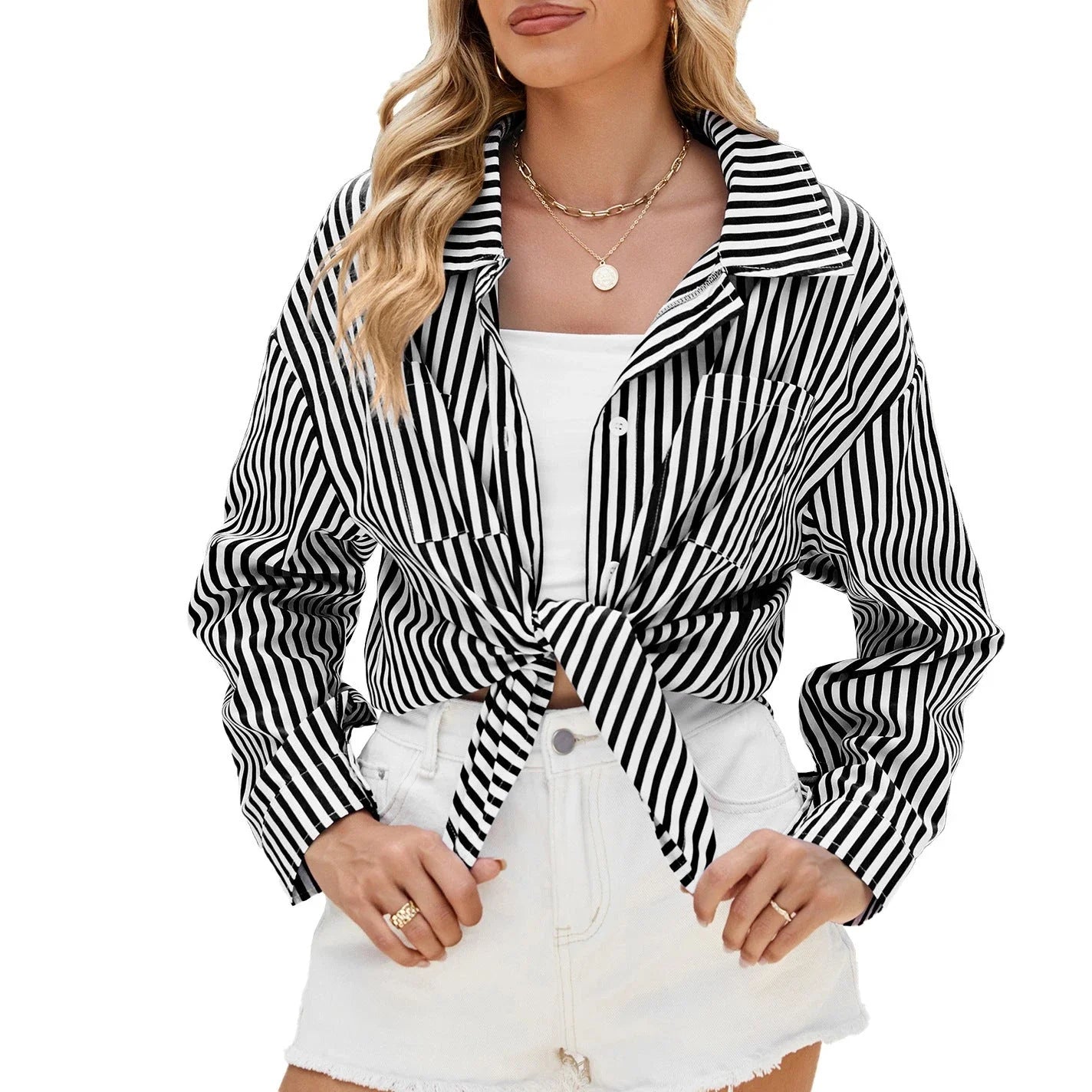 Stylish striped long sleeve button-up shirt with pockets in various color options