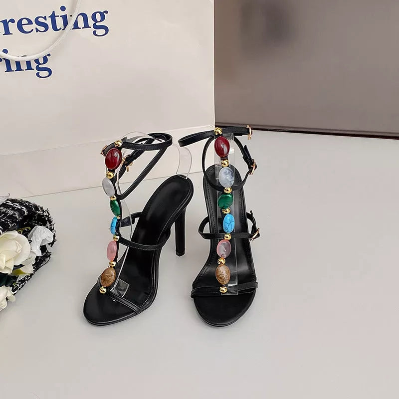 Women's stiletto high heel sandals with colourful beads buckle, available in multiple colours