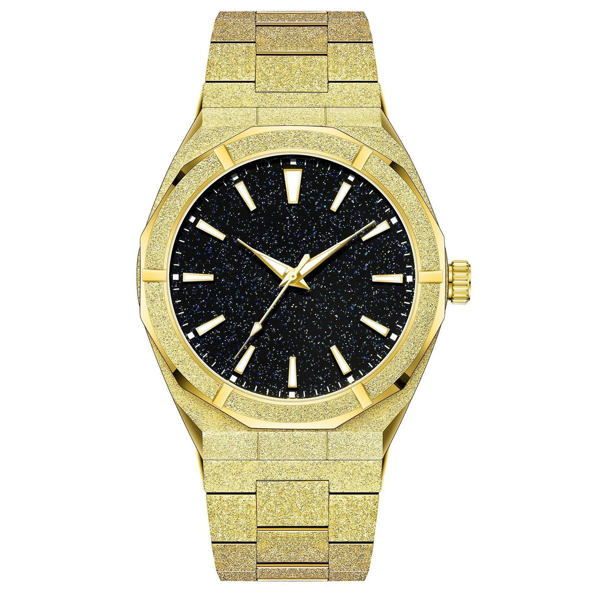 Men's frosted stainless steel business watch with luminous hands on a black dial.