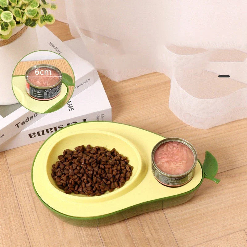 Avocado-shaped automatic pet food and water dispenser for dogs and cats, featuring a raised feeder, slow-feed bowl, and adjustable water flow