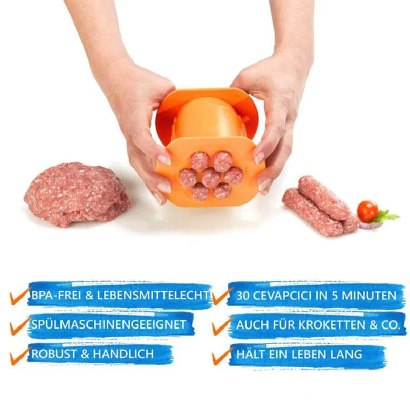 Versatile hot dog maker that can squeeze, stuff, and serve homemade sausages, pasta balls, and other DIY kitchen creations