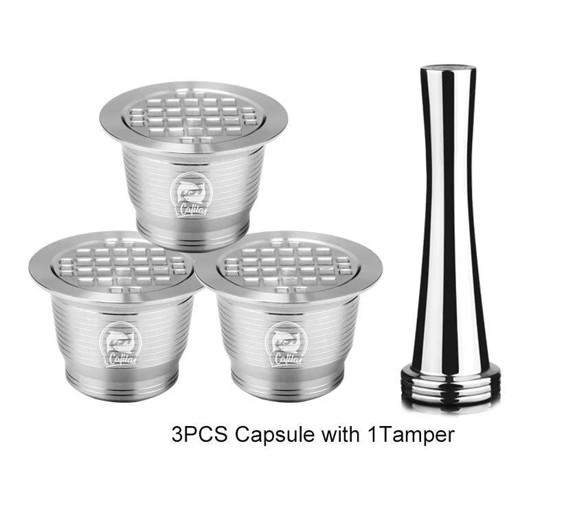 Premium stainless steel coffee capsule shells with a sleek square design, perfect for home, office, and cafe use.