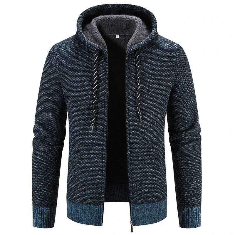 Warm and cozy plush sweater coat with zipper closure, drawstring hood, and long sleeves for winter wear