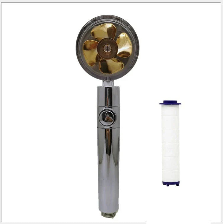 A high-pressure handheld shower head with a turbo-charged water flow and a cotton filter for a luxurious, spa-like bathing experience.
