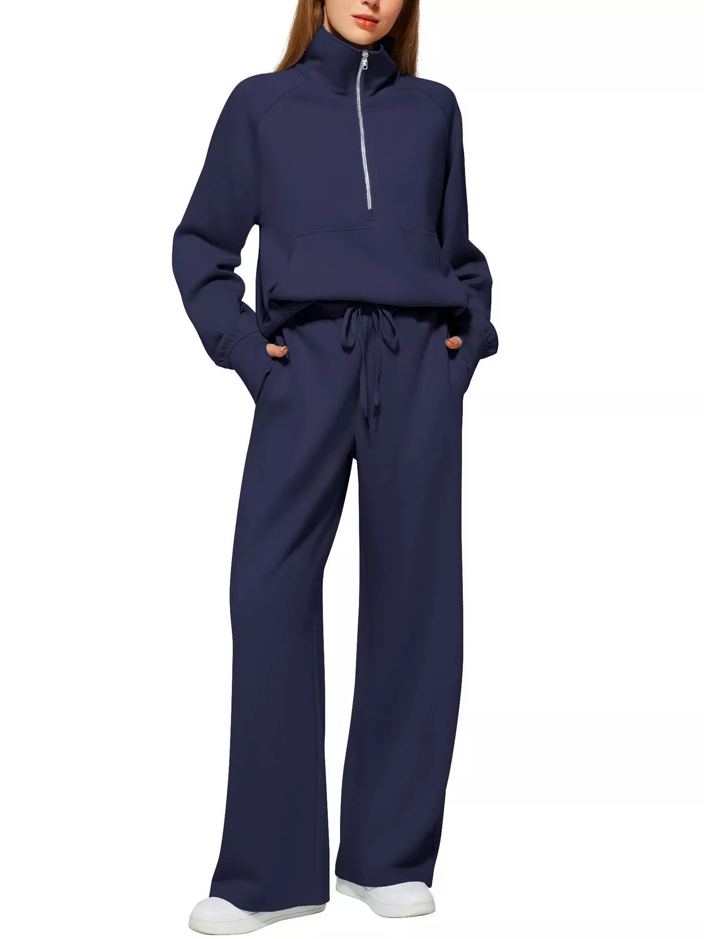 Women's solid colour long-sleeved sweater trousers suit in polyester, available in multiple colours and sizes.