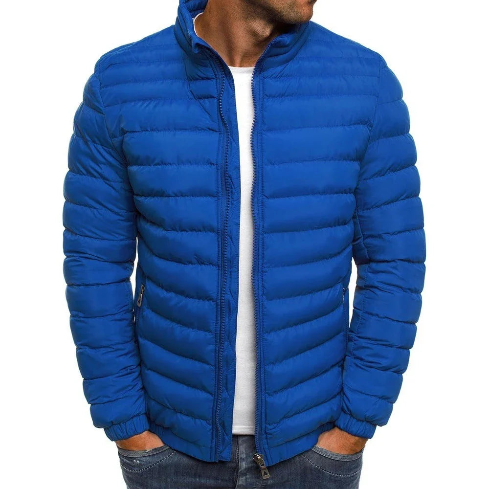 Men's insulated jacket in various solid colors with zipper closure, long sleeves, and pockets