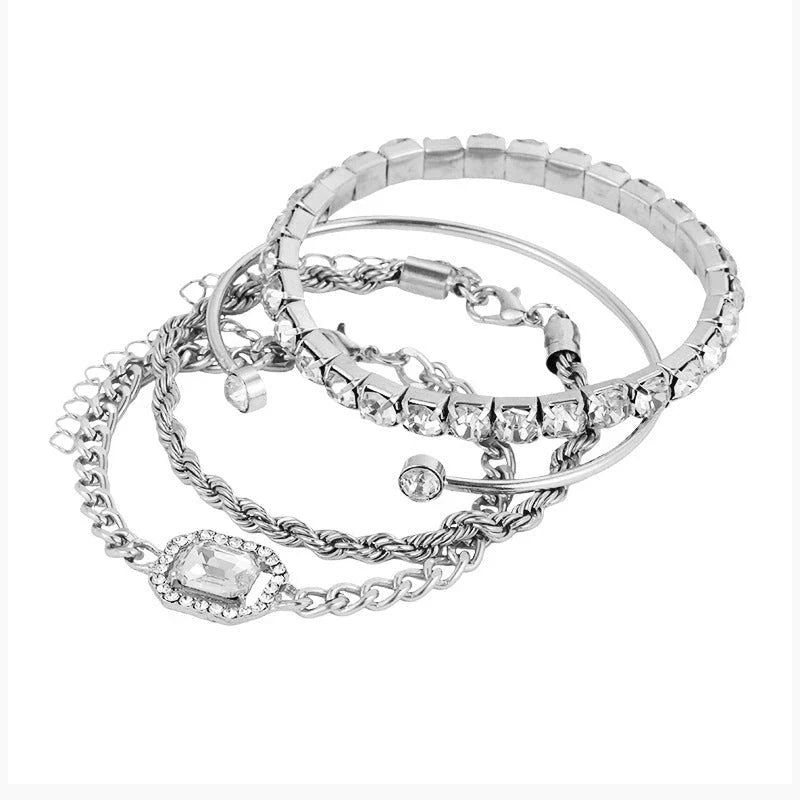 4-piece crystal bracelet set with boho-chic design, featuring sparkling rhinestones and adjustable alloy construction