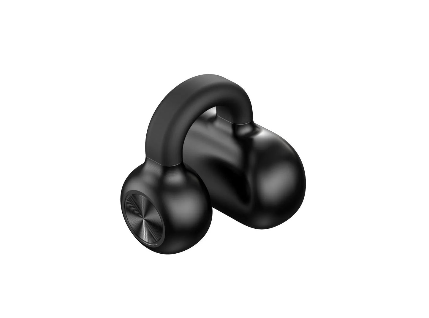 Black wireless Bluetooth clip-on earphones with bone conduction technology on a white background.