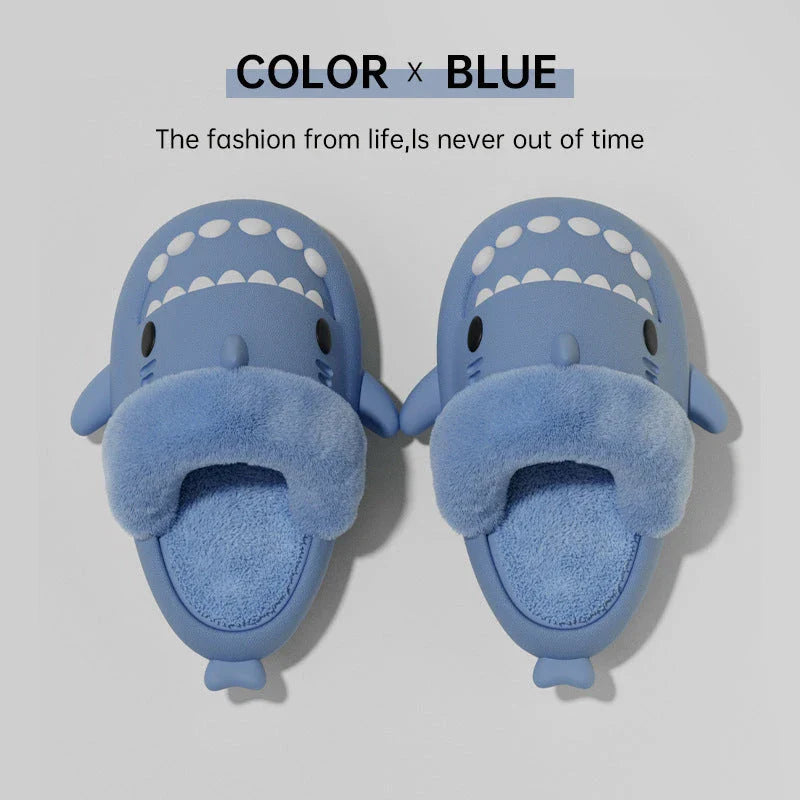 Cozy shark-inspired slippers with plush material and durable EVA soles for comfortable indoor and outdoor wear