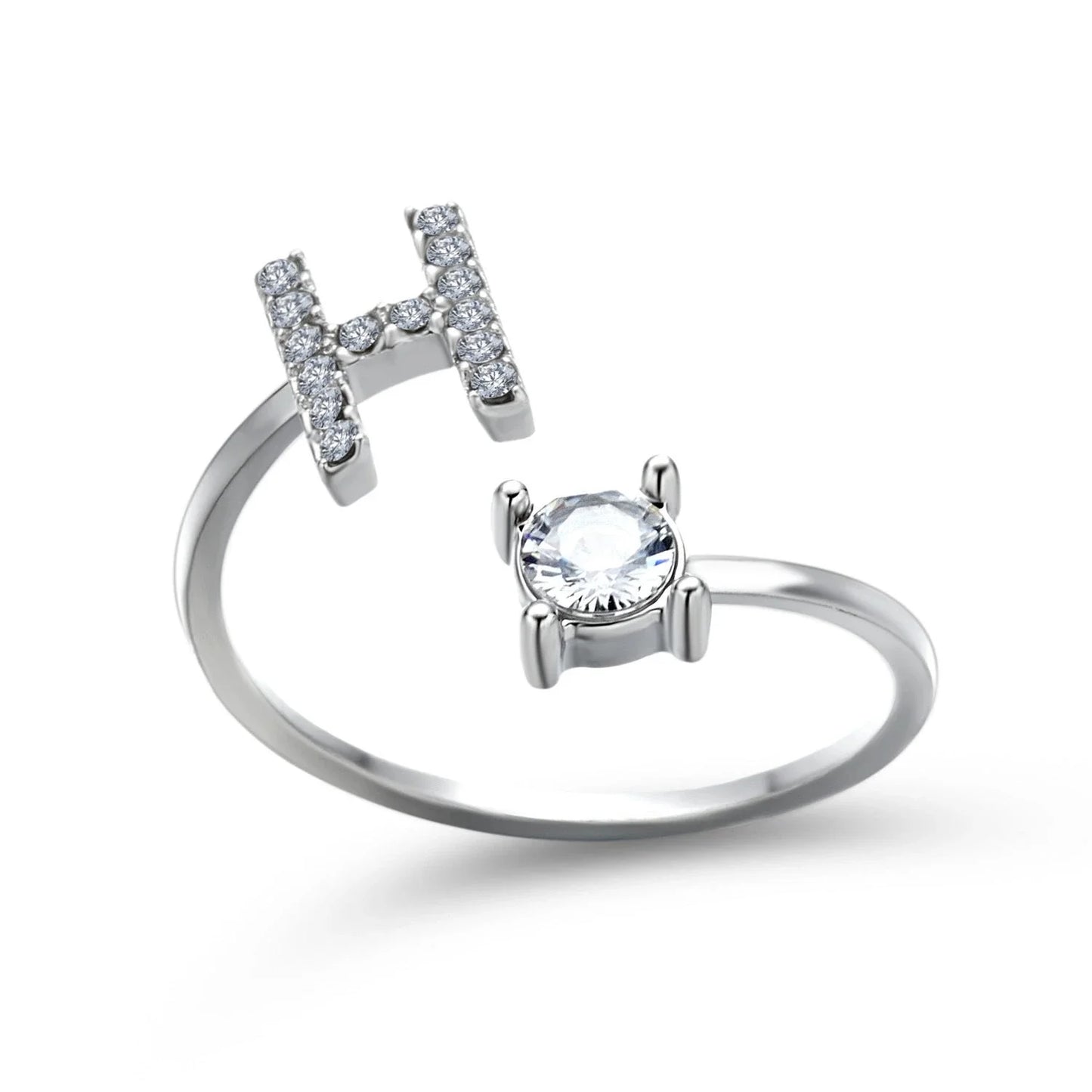 Personalized Initial Letter Crystal Ring with Adjustable Design in Gold, Silver, and Rose Gold Colors