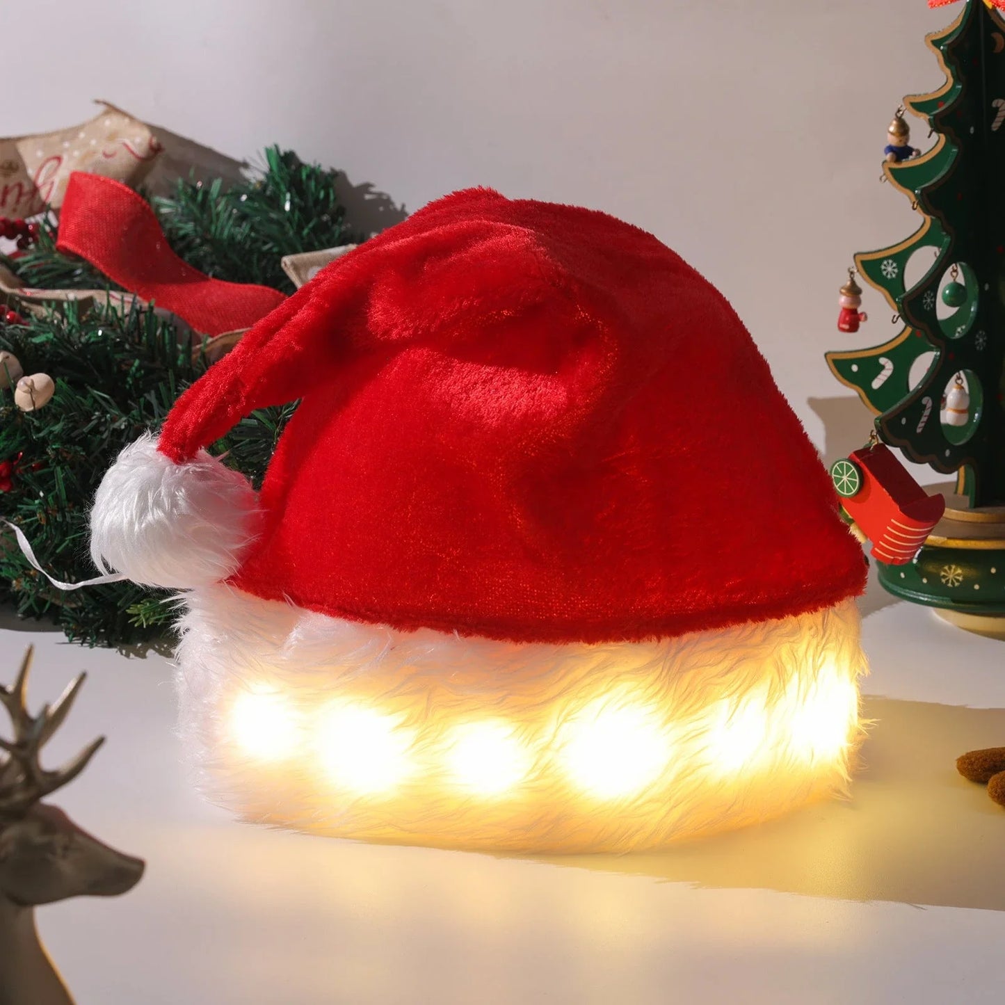 Plush Santa hat with LED lights that create a dazzling, color-changing display for festive holiday celebrations