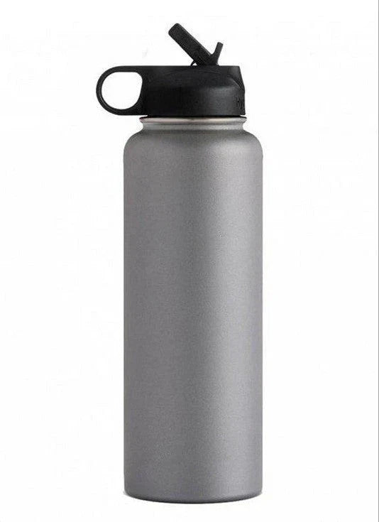 Stainless steel insulated water bottle with wide mouth and push-button lid for hot and cold beverages