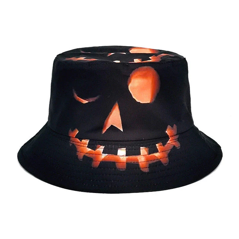Pumpkin-themed sun hat with flat top crown and wide brim for Halloween outdoor fun and sun protection