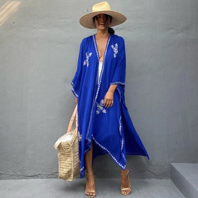 Stylish rayon embroidered beach cover-up with sun protection in various colors