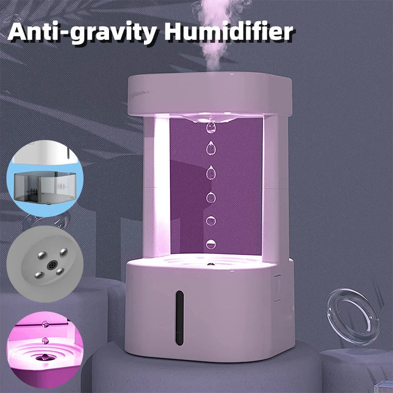 Anti-gravity humidifier with mesmerizing water droplets, designed for portable and quiet operation in home, office, or yoga studio