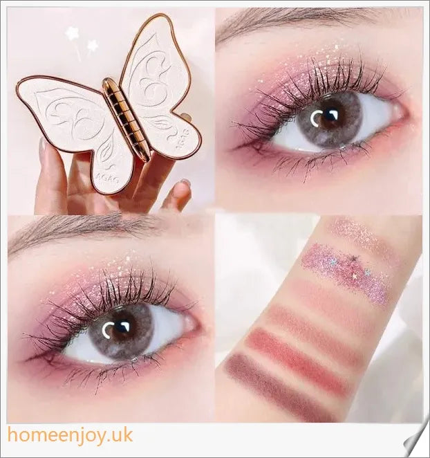Butterfly-shaped eyeshadow palette with matte and glitter finishes in shades of chocolate, crimson, purple, and more