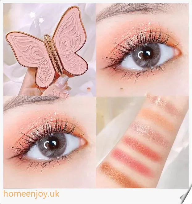 Butterfly-shaped eyeshadow palette with matte and glitter finishes in shades of chocolate, crimson, purple, and more