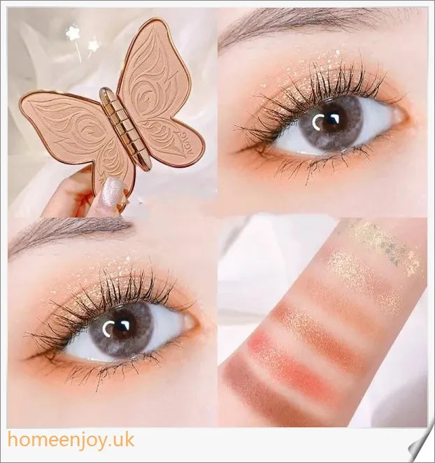 Butterfly-shaped eyeshadow palette with matte and glitter finishes in shades of chocolate, crimson, purple, and more