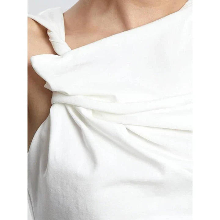 Elegant asymmetric tank top with unique folds, sleeveless high street fashion for the modern British woman