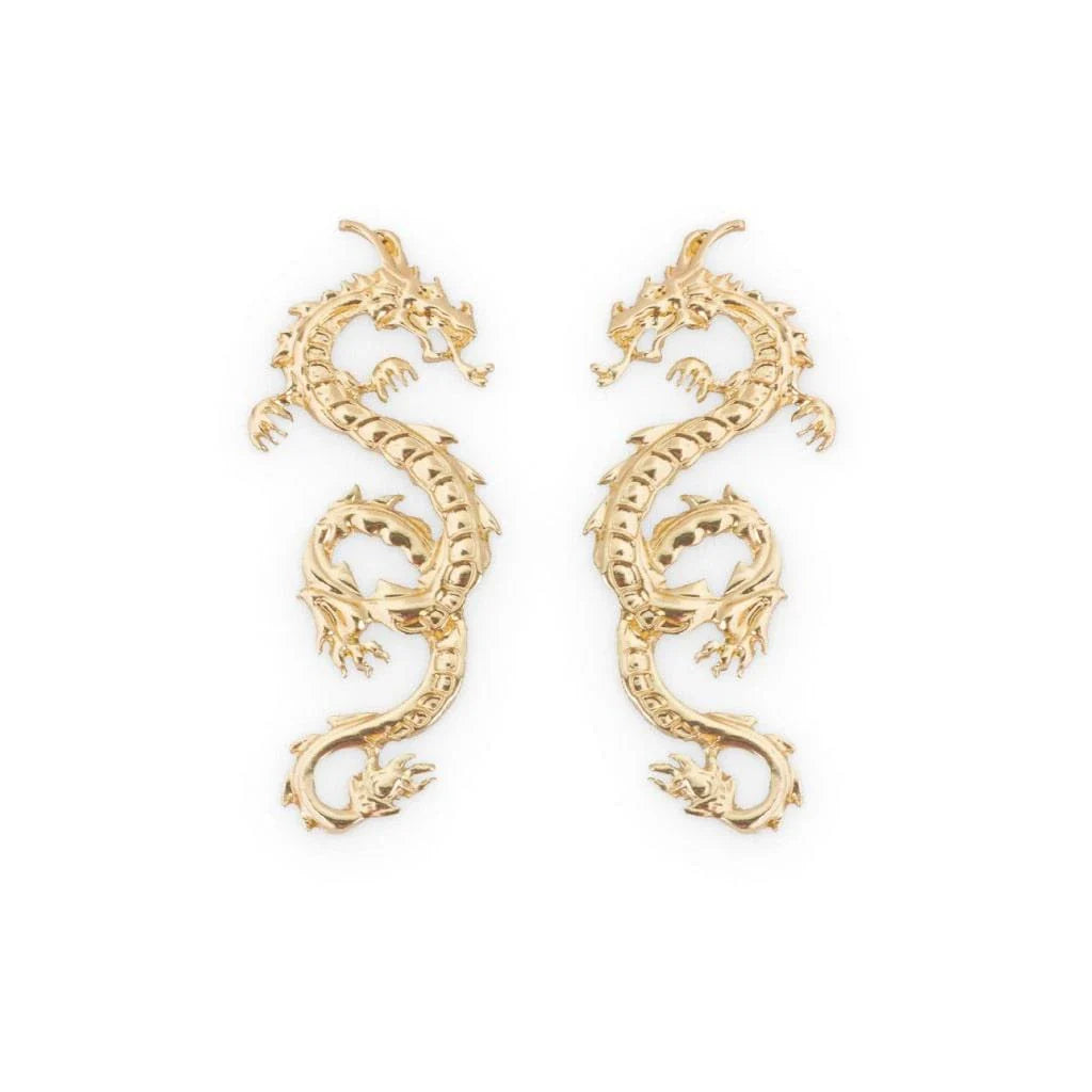Magnificent golden dragon stud earrings with intricate details and a substantial, comfortable weight