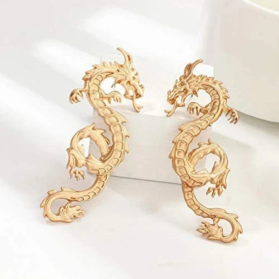 Magnificent golden dragon stud earrings with intricate details and a substantial, comfortable weight