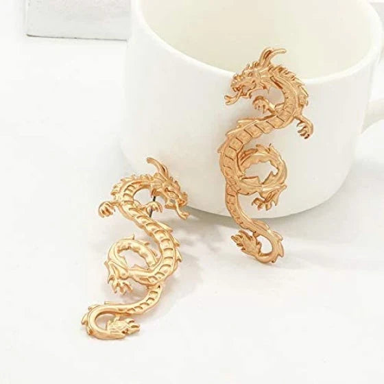 Magnificent golden dragon stud earrings with intricate details and a substantial, comfortable weight