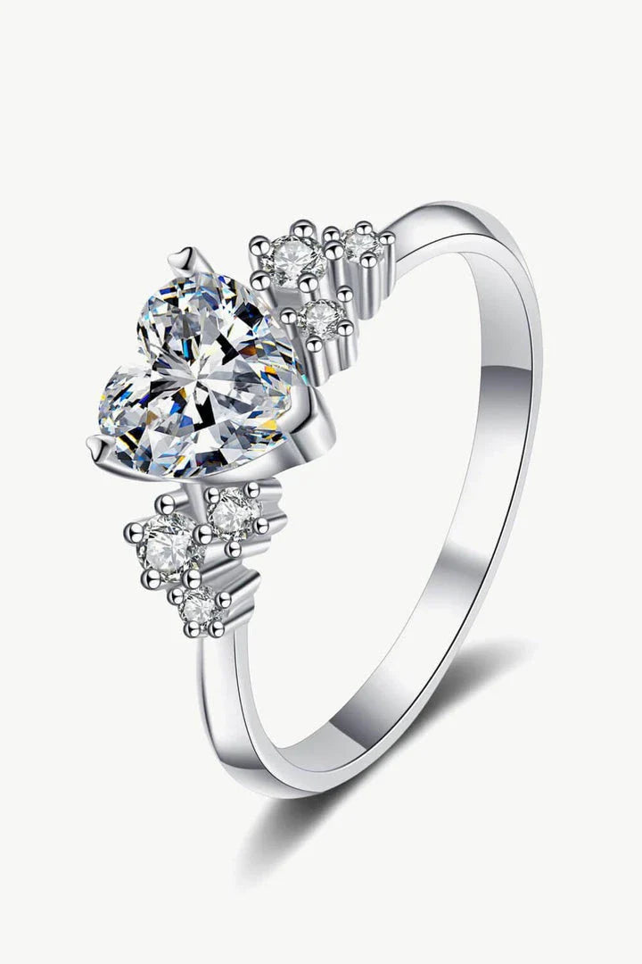 Elegant 1 carat moissanite heart-shaped ring with sterling silver setting and zircon accents