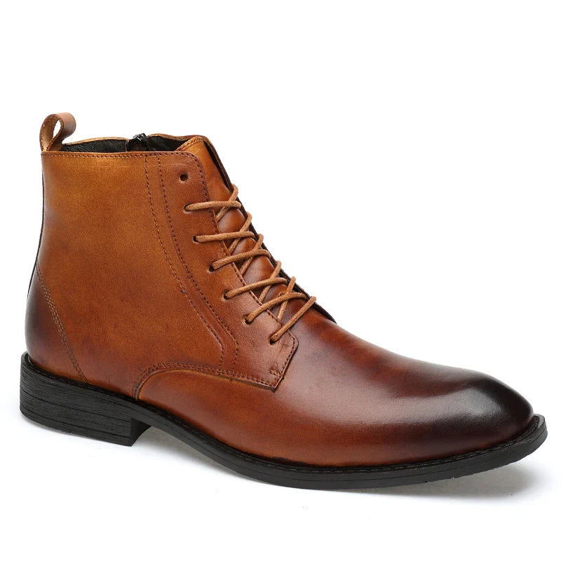 Sophisticated men's high-top business boots in premium British leather with a pointed toe and rubber soles for durability and traction