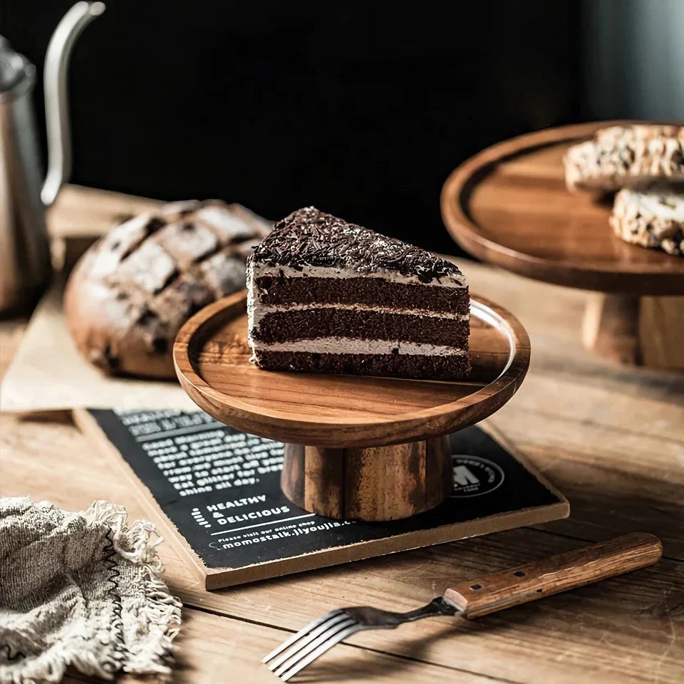 Creative Acacia Wood High-Foot Cake Plate and Dessert Display Stand in natural wood finish