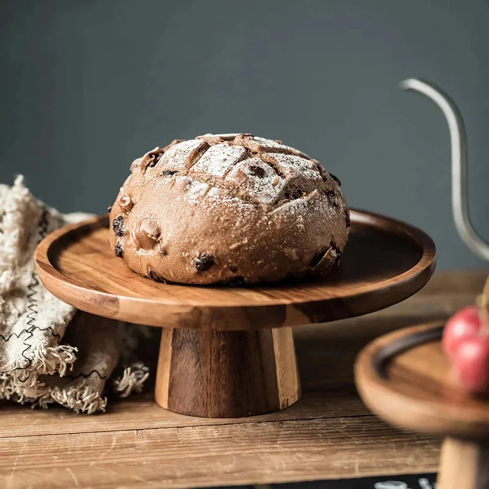 Creative Acacia Wood High-Foot Cake Plate and Dessert Display Stand in natural wood finish