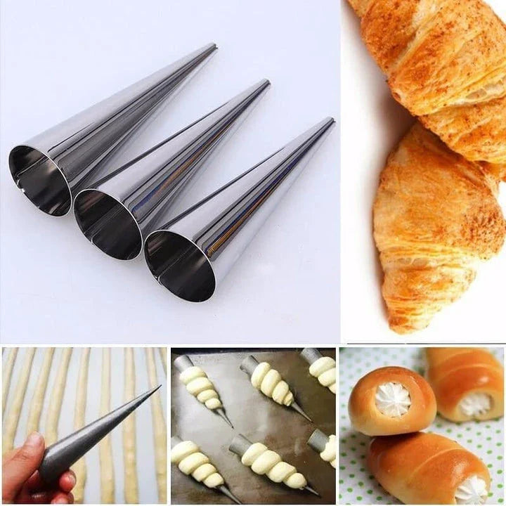 Set of 5 stainless steel croissant baking tubes for making flaky, buttery pastries at home