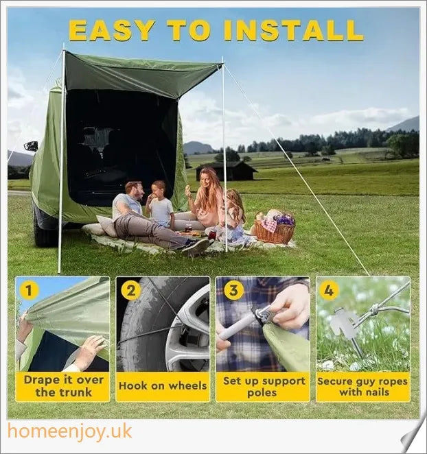 Weatherproof and versatile car trunk extension tent for outdoor adventures, with dual-layer design and secure magnetic fit