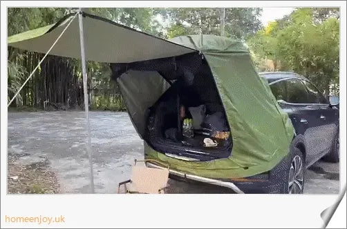 Weatherproof and versatile car trunk extension tent for outdoor adventures, with dual-layer design and secure magnetic fit