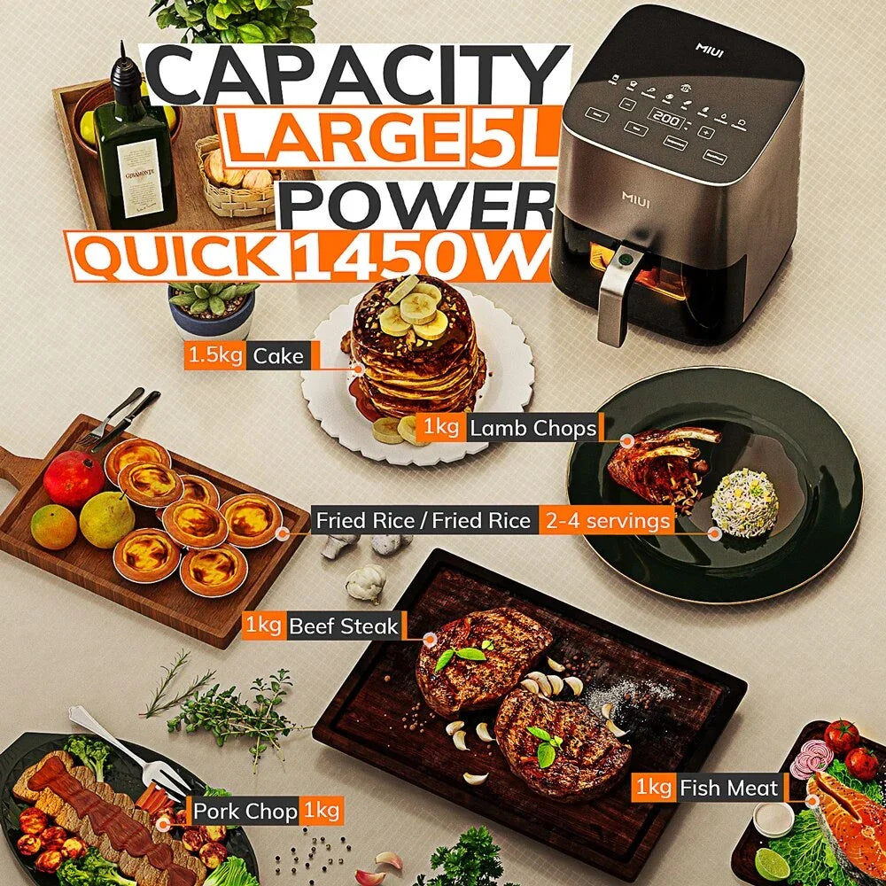 5L family-size air fryer with touch control, nonstick basket, and visible window for healthy and efficient cooking