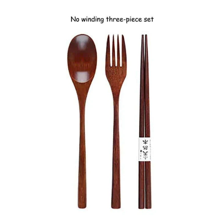 A portable wooden cutlery set with a coordinating cloth bag, perfect for outdoor dining and travel.