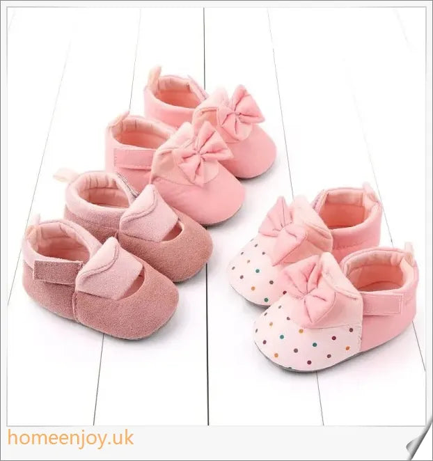 Baby Bowknot Baby Toddler Shoes in various sizes, made of breathable cotton with non-slip soles and Velcro fastening for easy wear