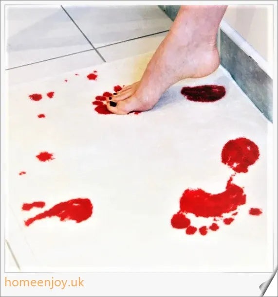 Bloody colour changing bath mat that turns a shocking red when wet, creating a terrifying bathroom scene