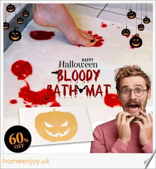 Bloody colour changing bath mat that turns a shocking red when wet, creating a terrifying bathroom scene