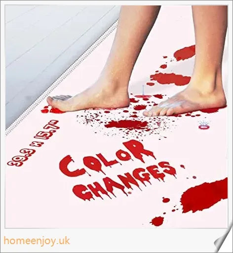 Bloody colour changing bath mat that turns a shocking red when wet, creating a terrifying bathroom scene