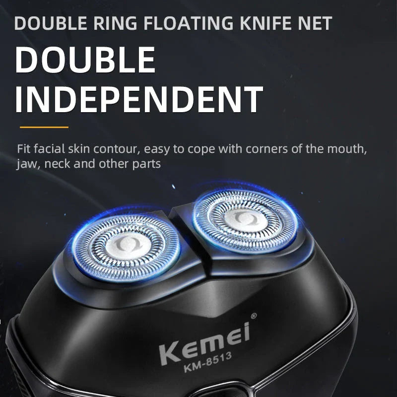 Men's Electric Shaver with dual floating heads, wet and dry shaving capabilities, and long-lasting rechargeable battery