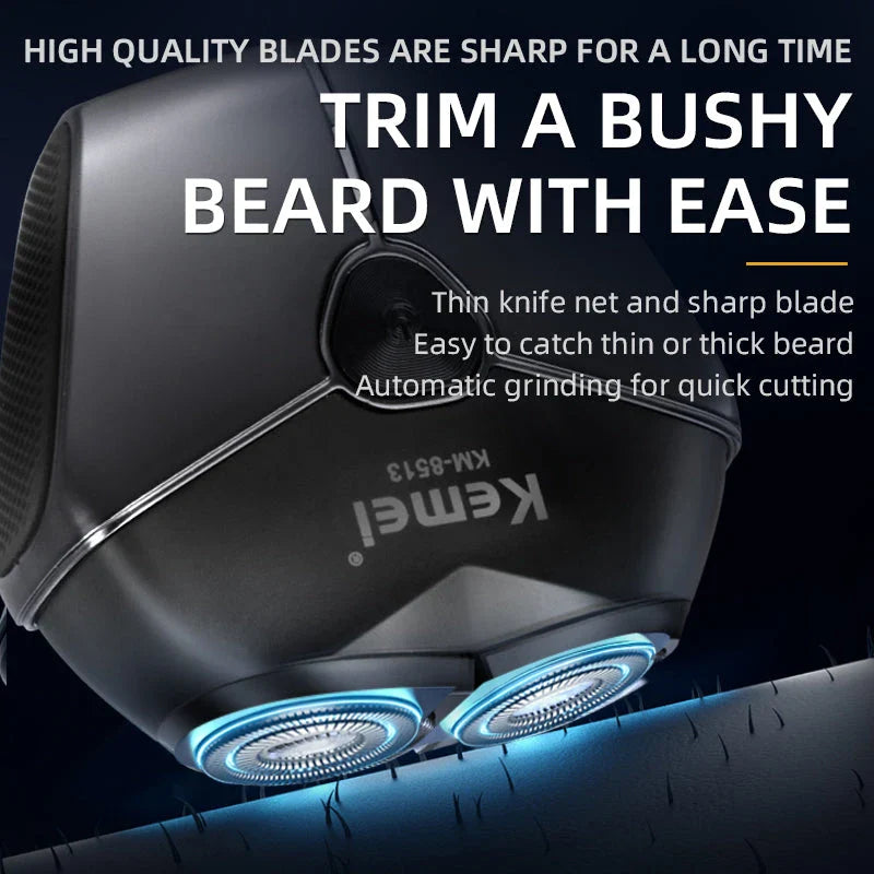 Men's Electric Shaver with dual floating heads, wet and dry shaving capabilities, and long-lasting rechargeable battery
